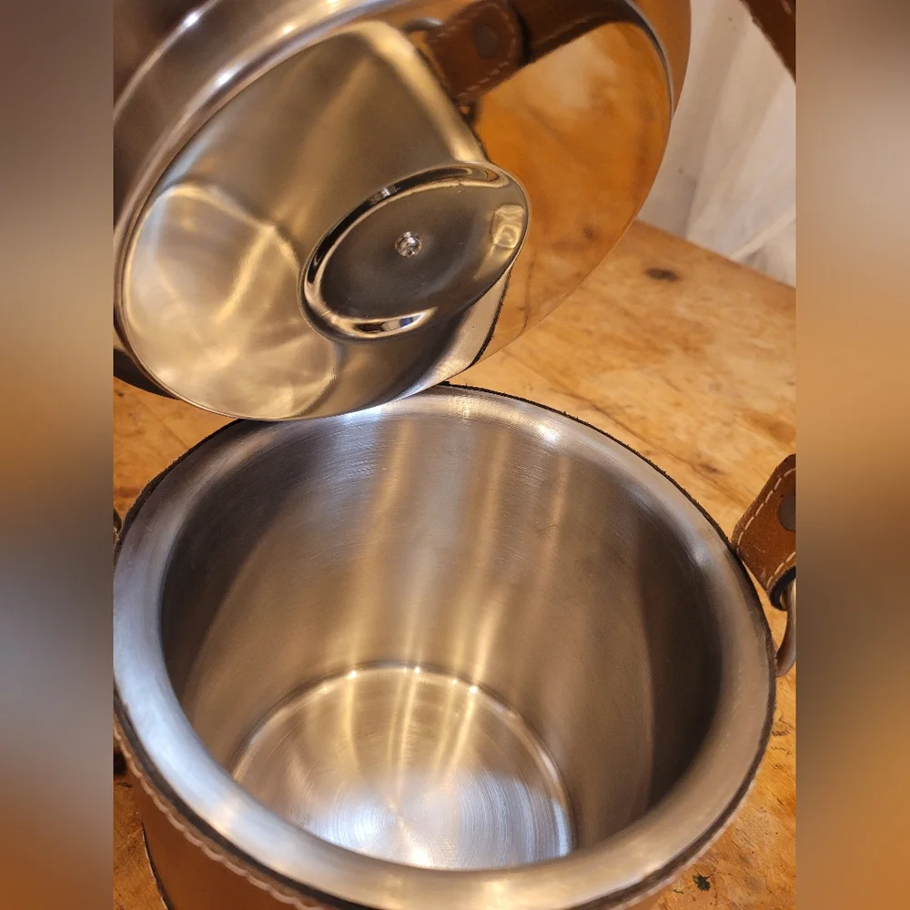 Pottery Barn Brown Leather Ice Bucket with Handle